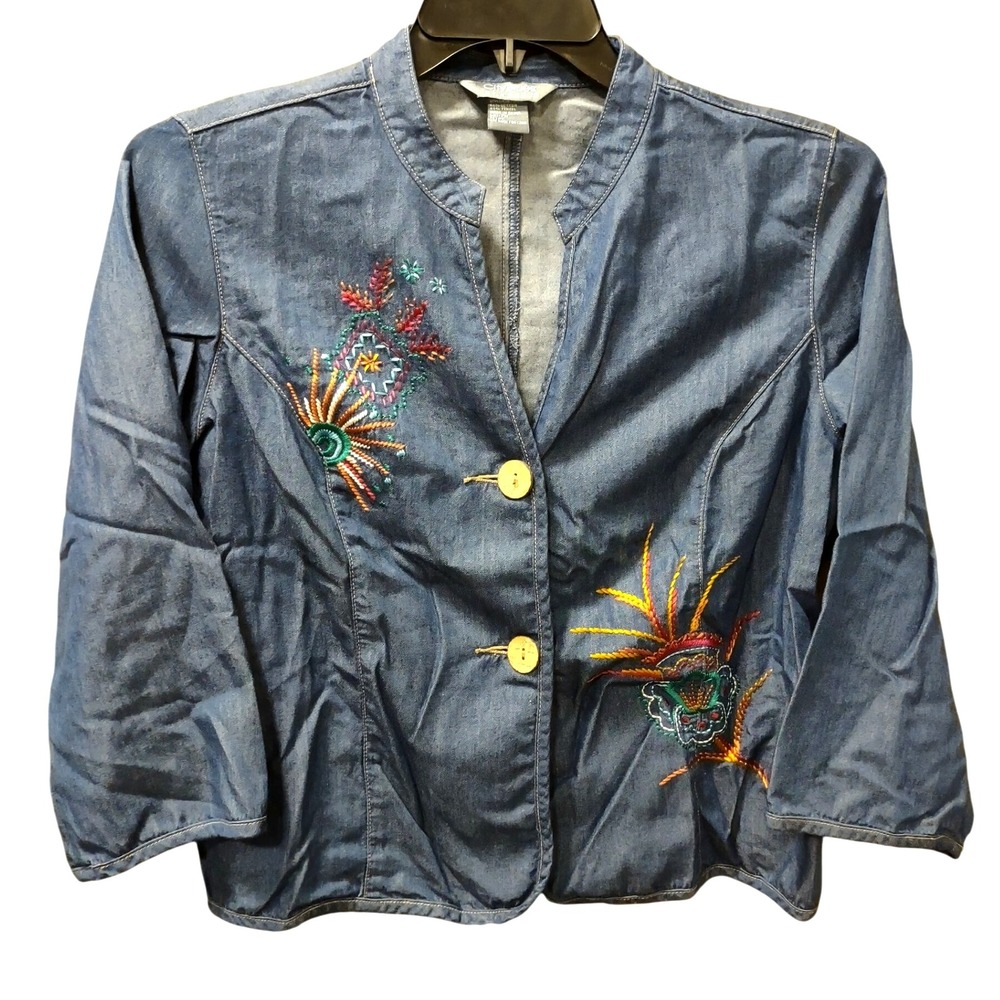 City Blues Denim‎ Jacket Petite Medium Embroidered 3/4 Sleeve Button Down